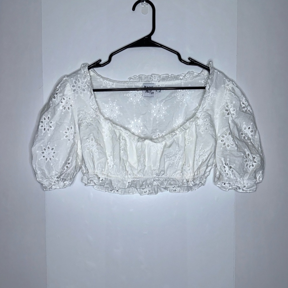 Princess Polly white Olympia eyelet detail ultra cropped puff sleeve top size 8 - Picture 4 of 6